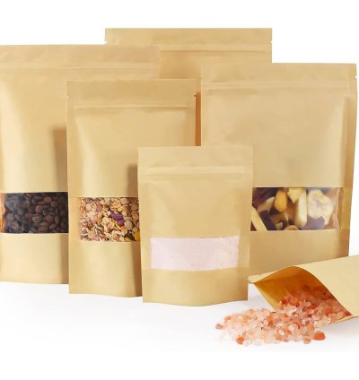 Kraft Paper Ziplock Bags with Window – Standup Food Packaging in Multiple Sizes 50g, 100g, 200g, 250g, 500g, and 1kg sizes