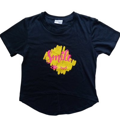 Smile Printed Gold Glitter Letter Crop Top T-Shirt for Teens – Stylish Striped Tee Dress